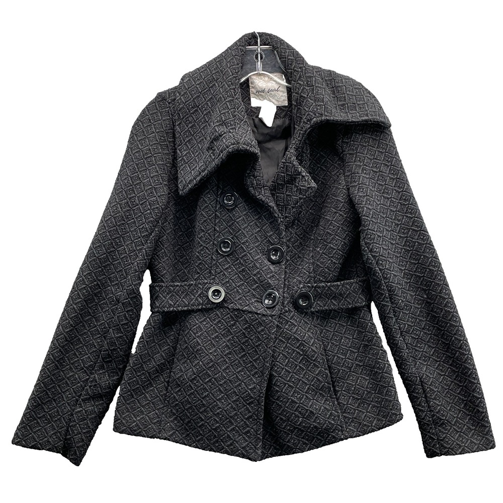 Wet Seal Peacoat Women's Medium Gray Wool Blend Double Breasted Geometric Grunge